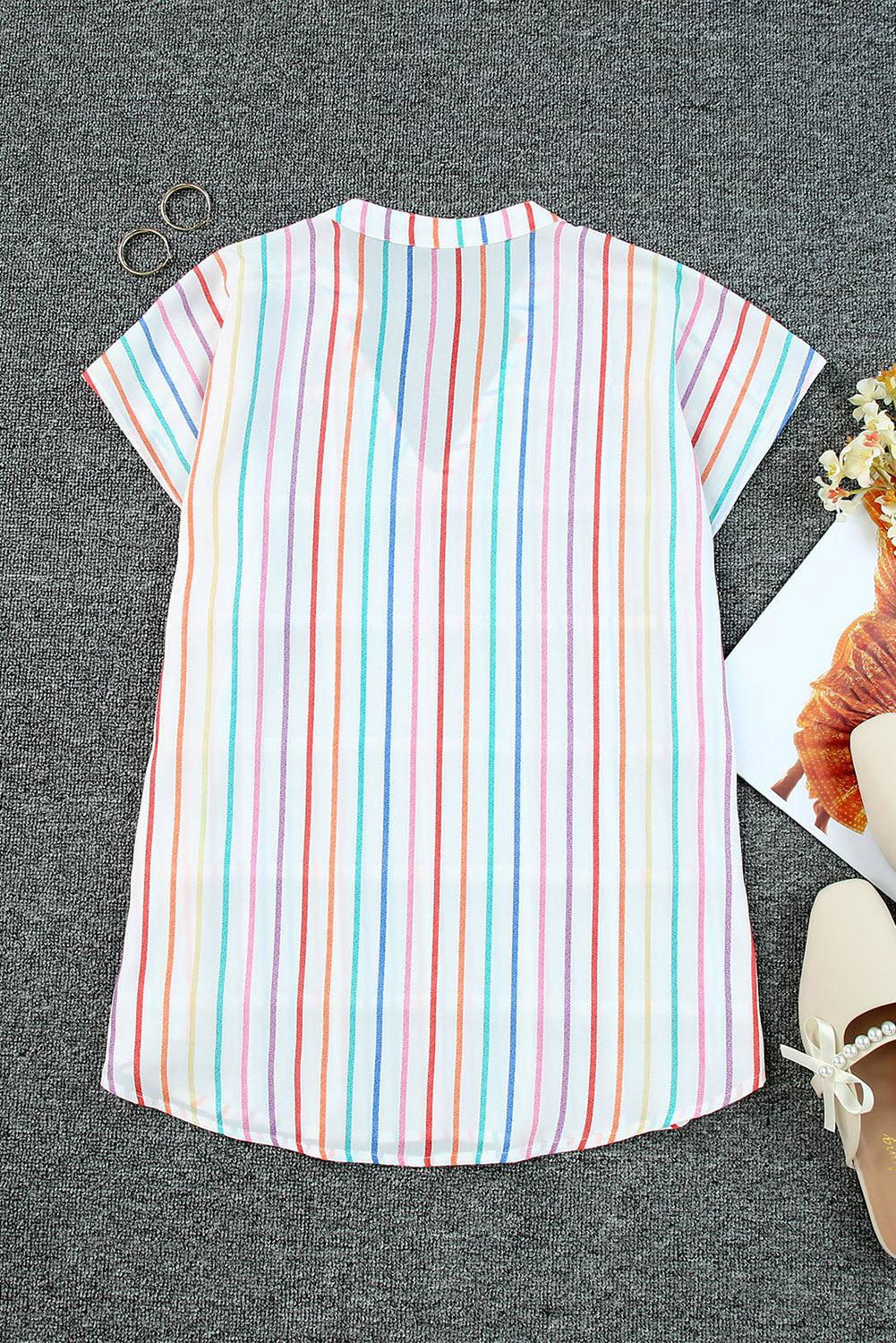 Multicolor Striped Short Sleeve Blouse for Women - Vesteeto