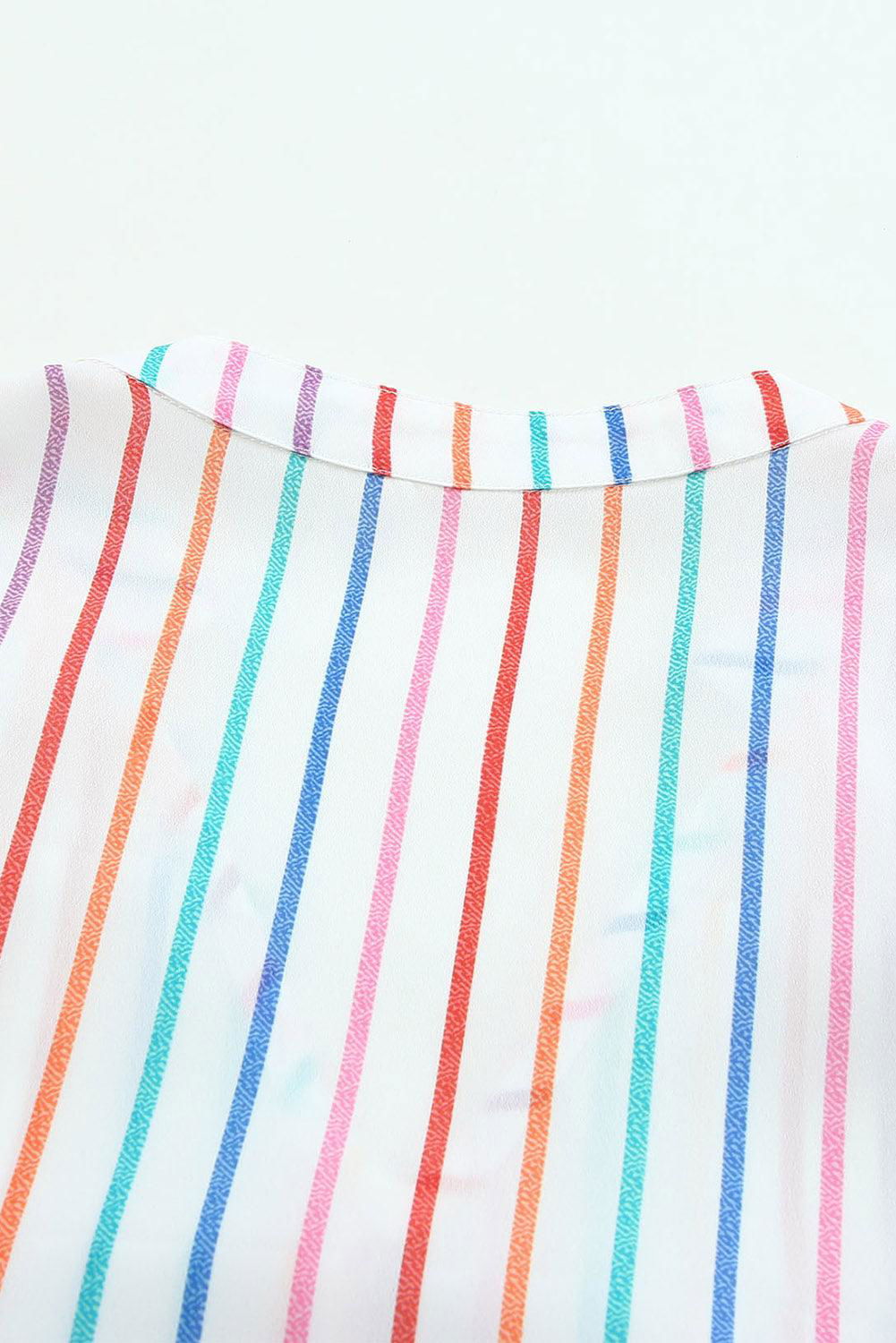 Multicolor Striped Short Sleeve Blouse for Women - Vesteeto