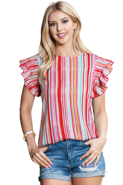 Multicolor Striped Summer Top Ruffle Sleeve Blouse for Women - Vesteeto