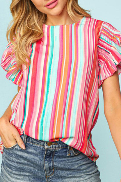 Multicolor Striped Summer Top Ruffle Sleeve Blouse for Women - Vesteeto