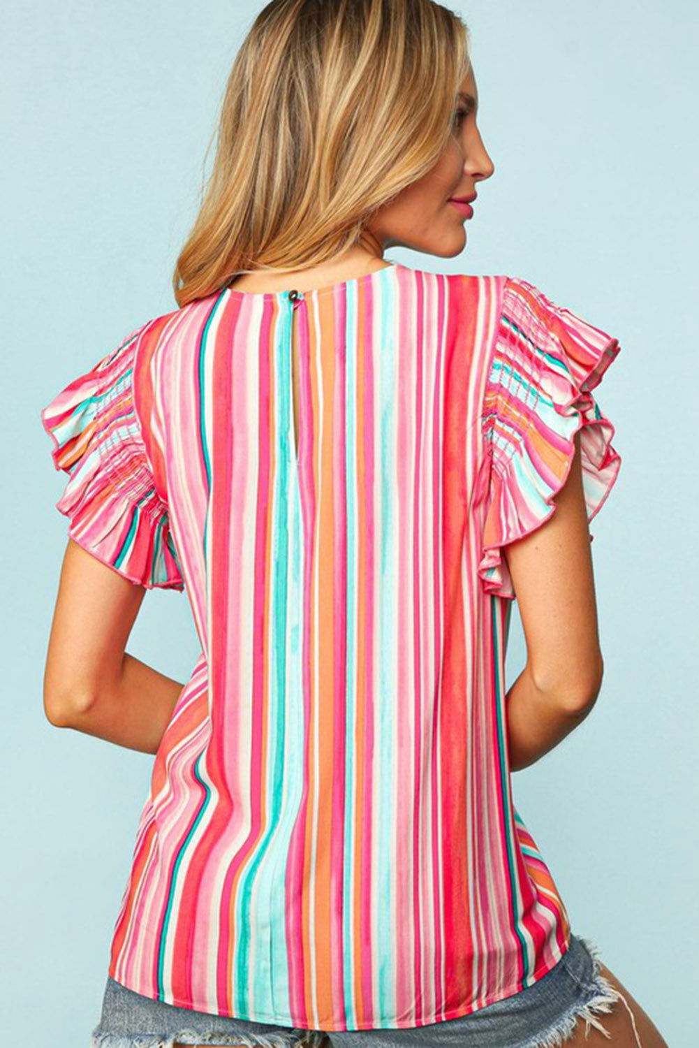 Multicolor Striped Summer Top Ruffle Sleeve Blouse for Women - Vesteeto