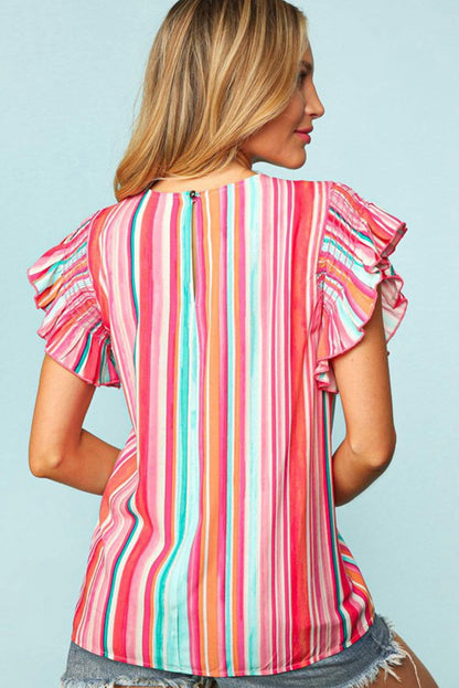 Multicolor Striped Summer Top Ruffle Sleeve Blouse for Women - Vesteeto