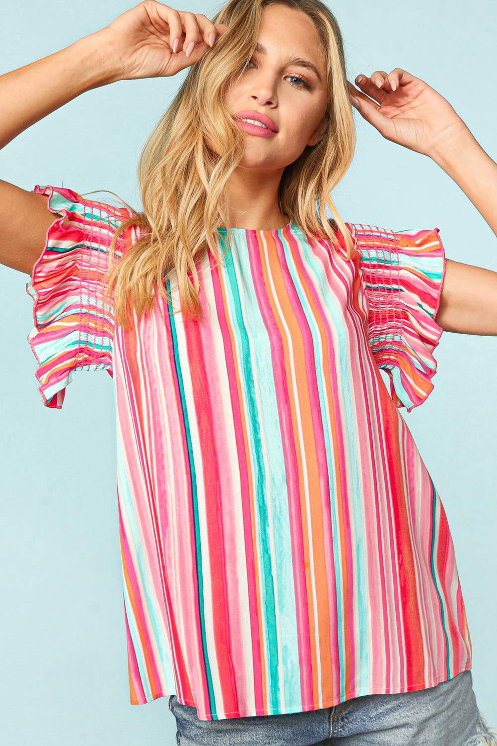 Multicolor Striped Summer Top Ruffle Sleeve Blouse for Women - Vesteeto