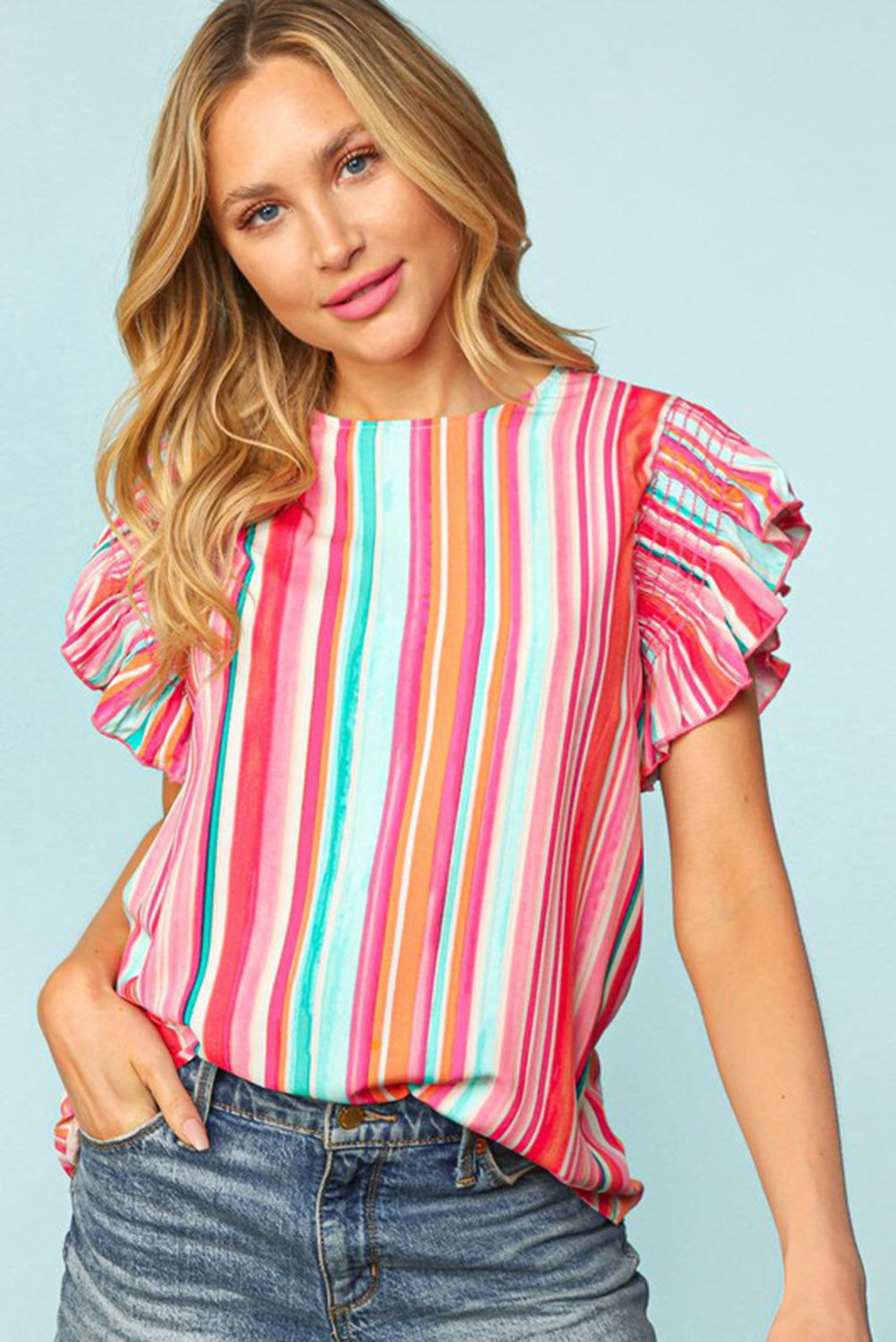 Multicolor Striped Summer Top Ruffle Sleeve Blouse for Women - Vesteeto