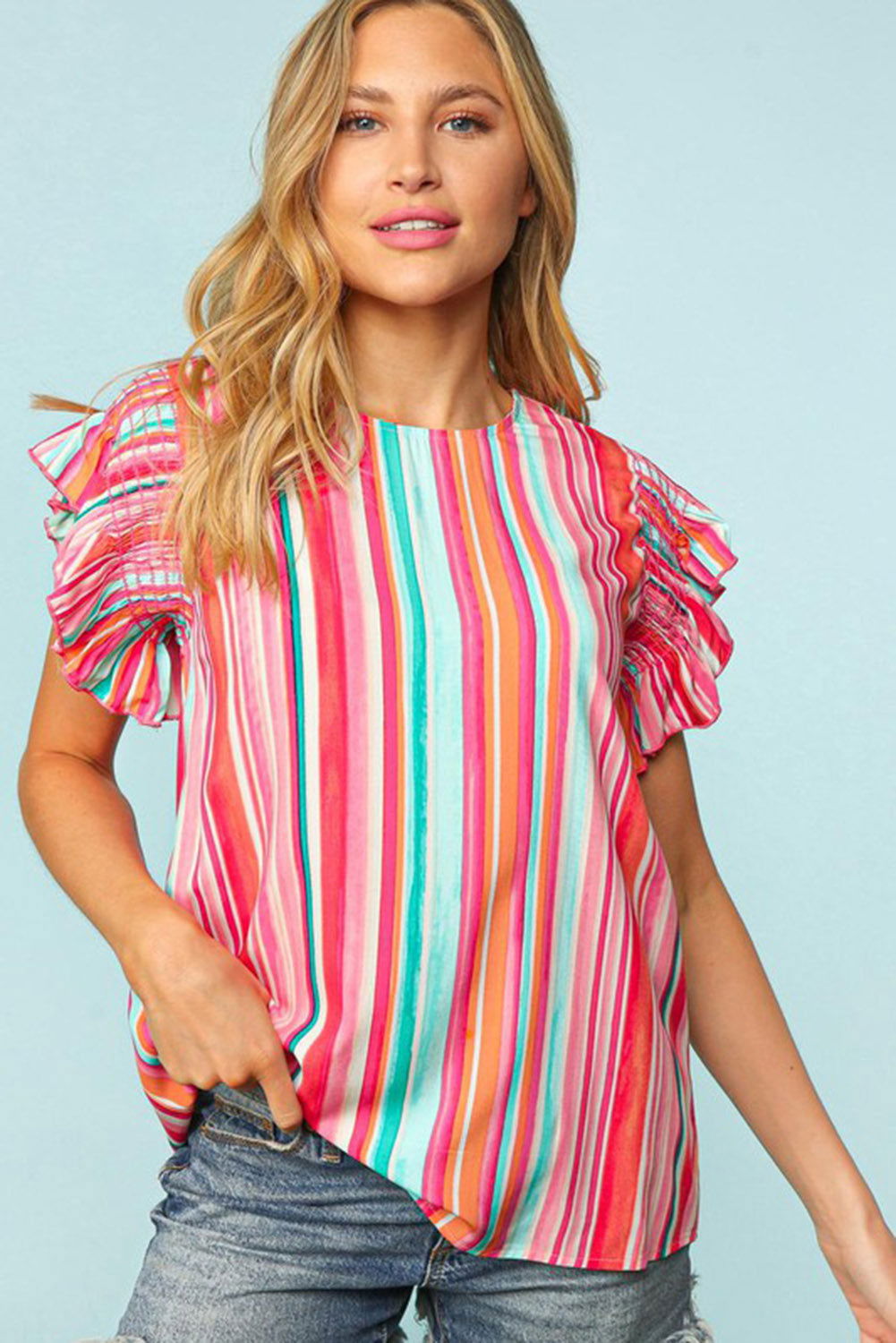 Multicolor Striped Summer Top Ruffle Sleeve Blouse for Women - Vesteeto