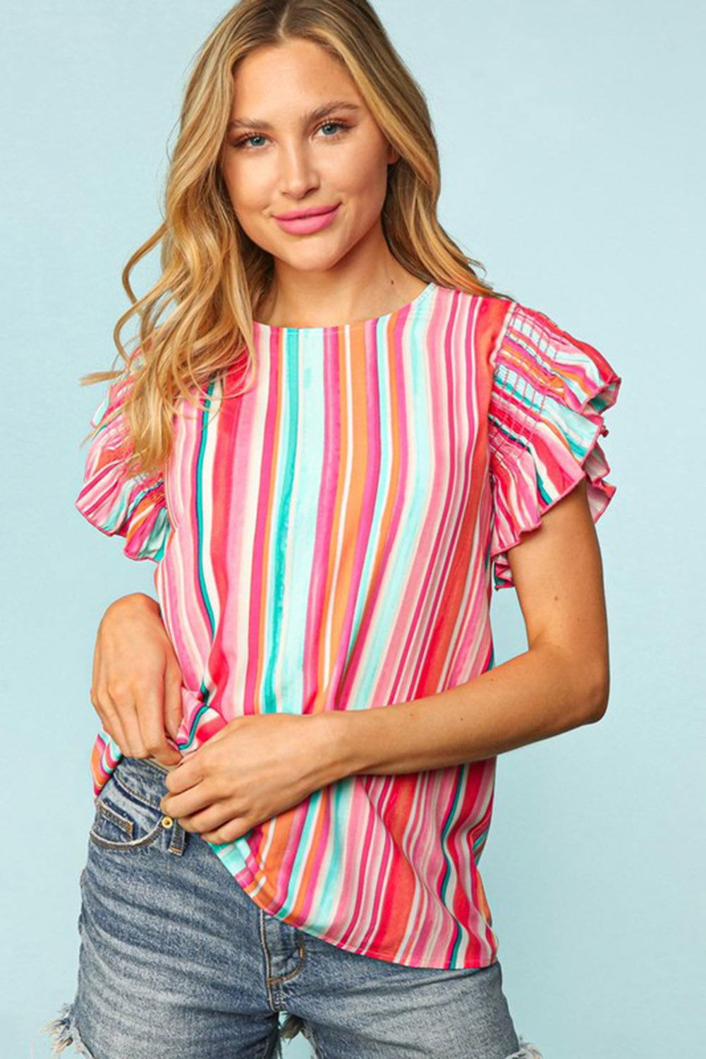 Multicolor Striped Summer Top Ruffle Sleeve Blouse for Women - Vesteeto