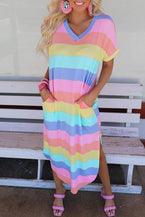 Multicolor Striped V Neck Side Slits T Shirt Dress with Pockets - Vesteeto