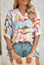 Multicolour Abstract Print V Neck Dolman Blouse - Vesteeto