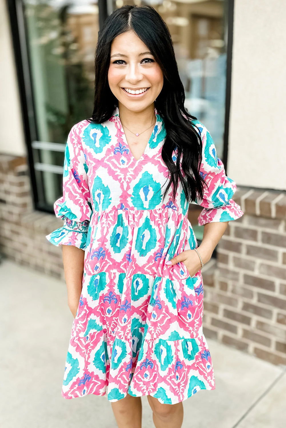 Multicolour Boho Abstract Smocked Sleeve Tiered Dress - Vesteeto