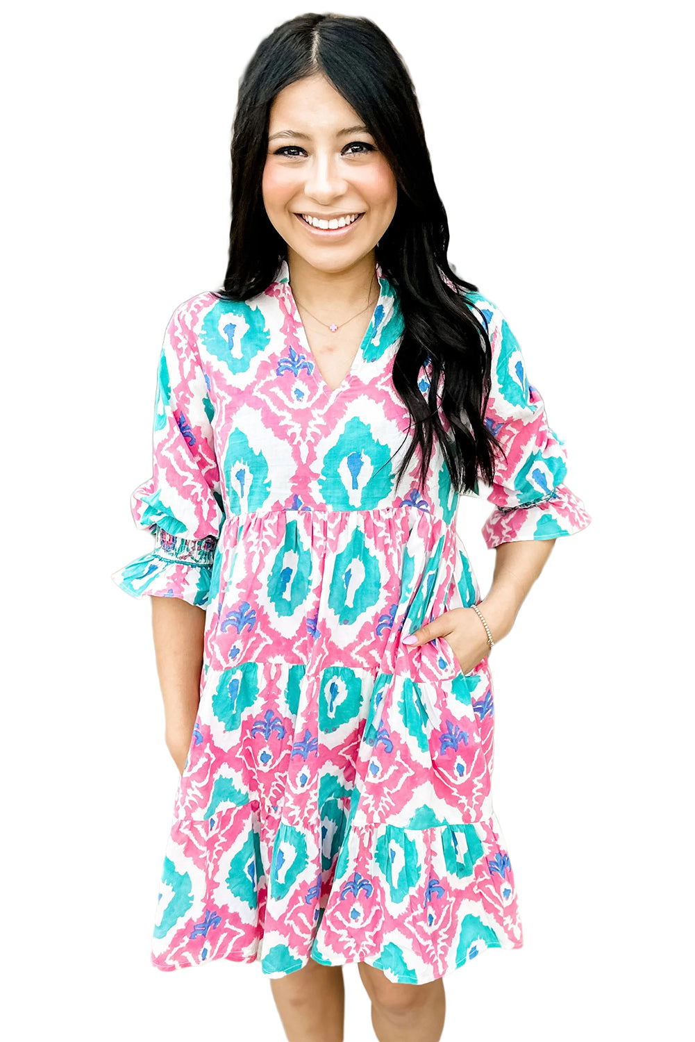 Multicolour Boho Abstract Smocked Sleeve Tiered Dress - Vesteeto