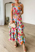 Multicolour Boho Floral Print Knot Strap Ruffle Layered Maxi Dress - Vesteeto