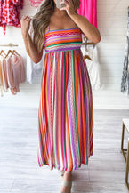 Multicolour Boho Striped Spaghetti Strap Smocked Back Maxi Dress - Vesteeto