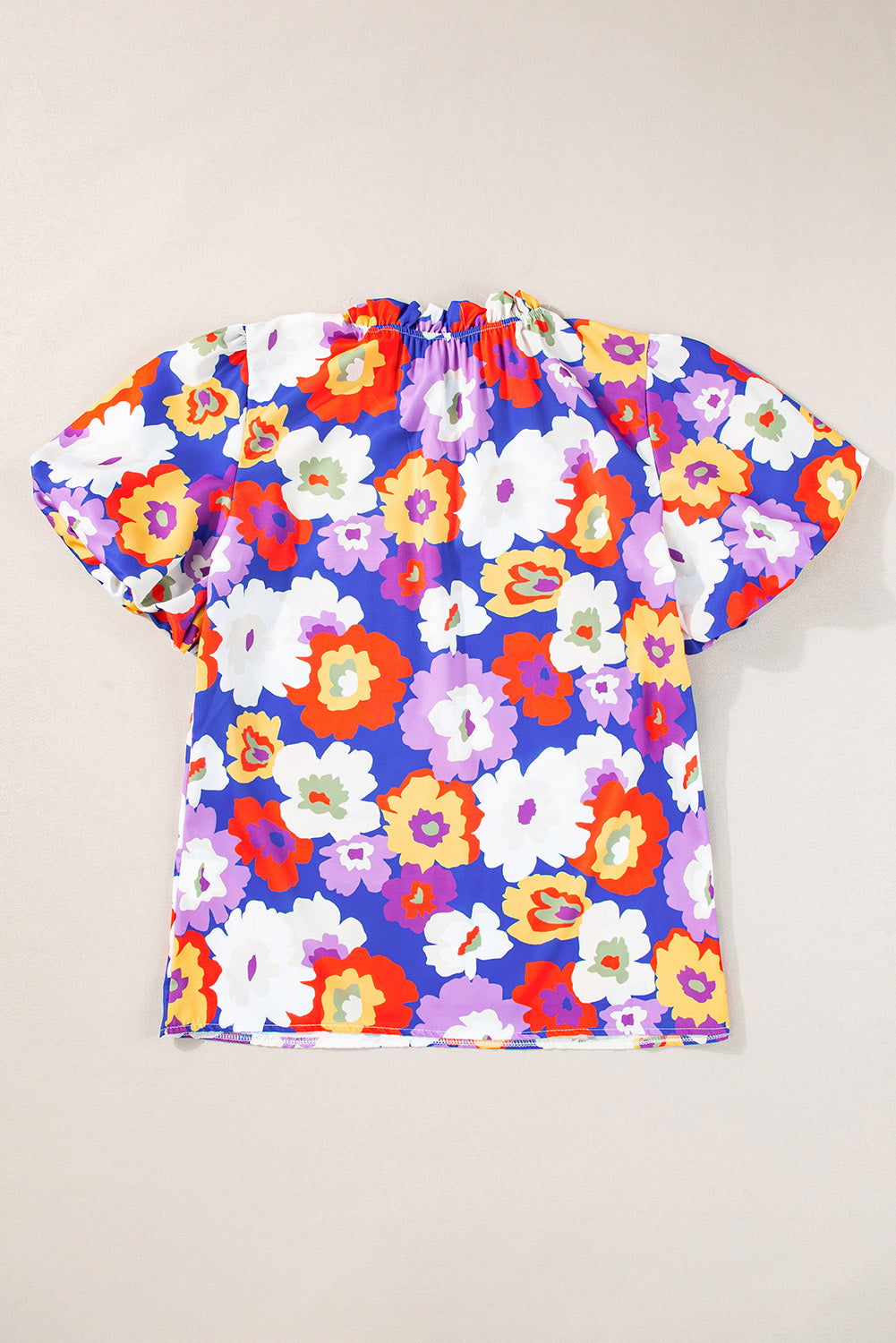 Multicolour Floral Print Frill Neck Puff Sleeve Blouse - Vesteeto