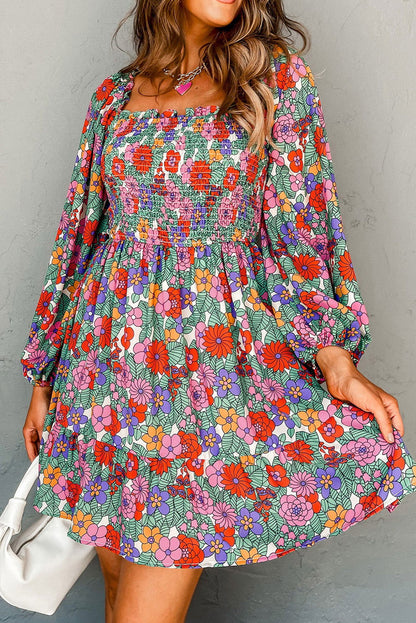 Multicolour Floral Smocked Bust Square Neck Ruffled Dress - Vesteeto