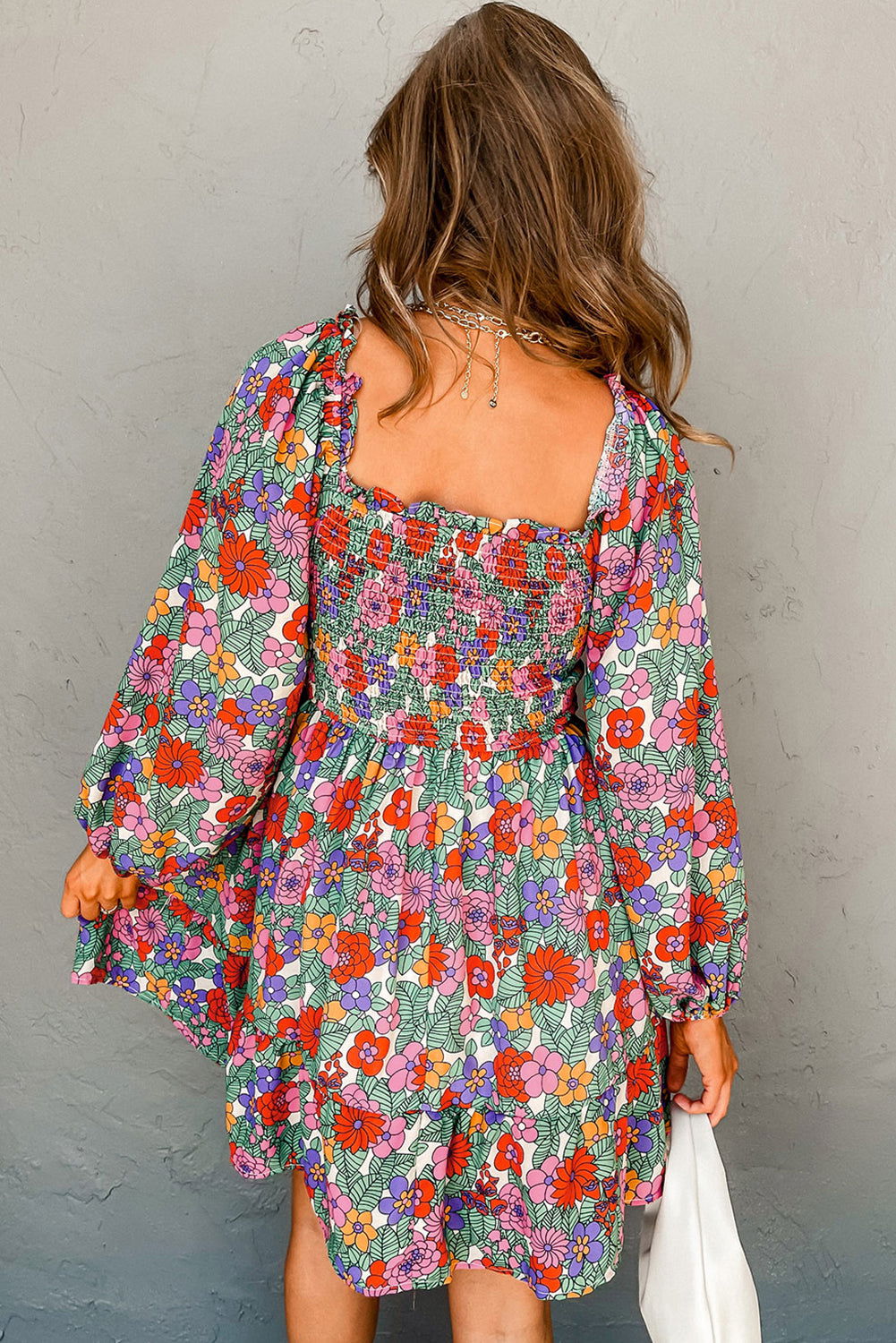 Multicolour Floral Smocked Bust Square Neck Ruffled Dress - Vesteeto