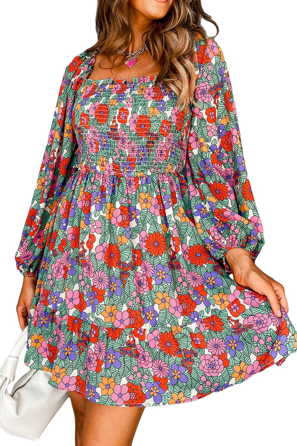 Multicolour Floral Smocked Bust Square Neck Ruffled Dress - Vesteeto