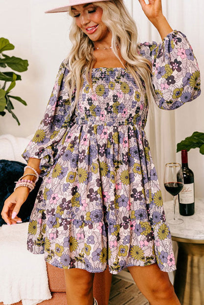 Multicolour Floral Smocked Bust Square Neck Ruffled Dress - Vesteeto