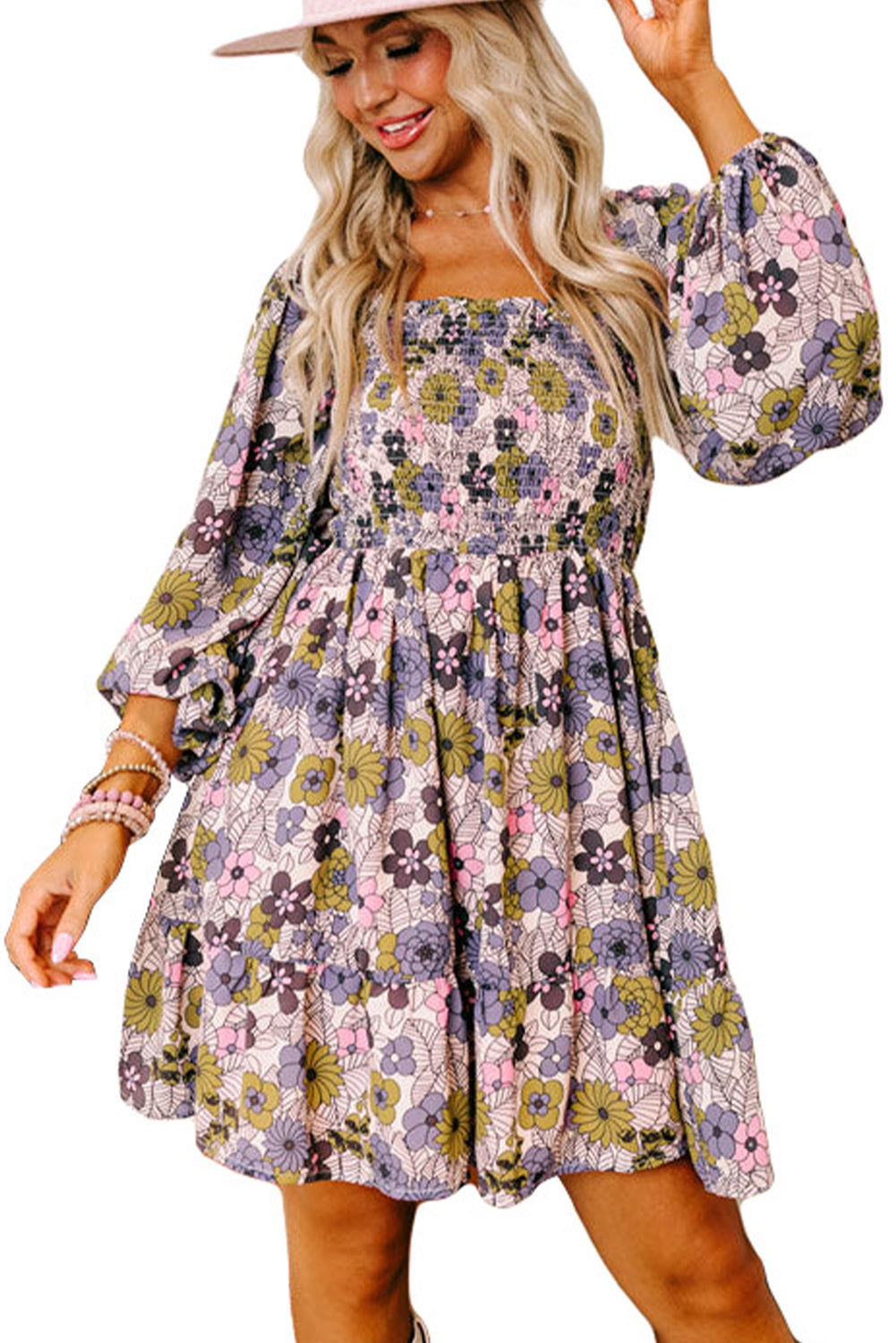 Multicolour Floral Smocked Bust Square Neck Ruffled Dress - Vesteeto