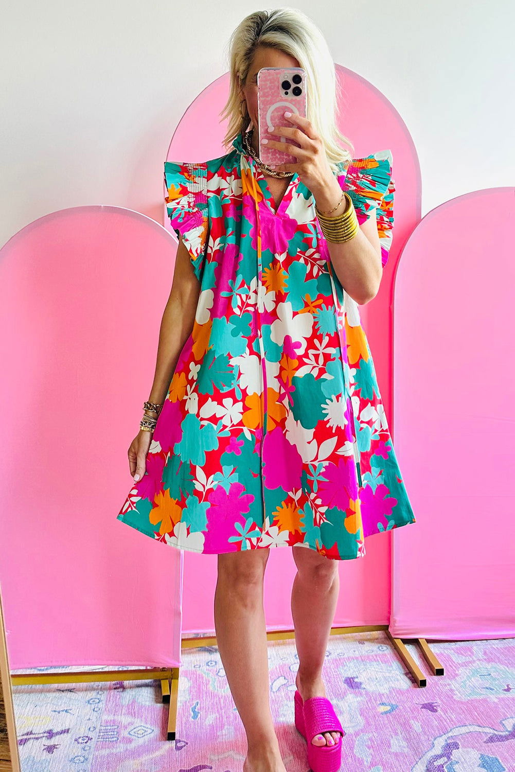 Multicolour Floral Tie Split Neck Flutter Sleeve Mini Dress - Vesteeto