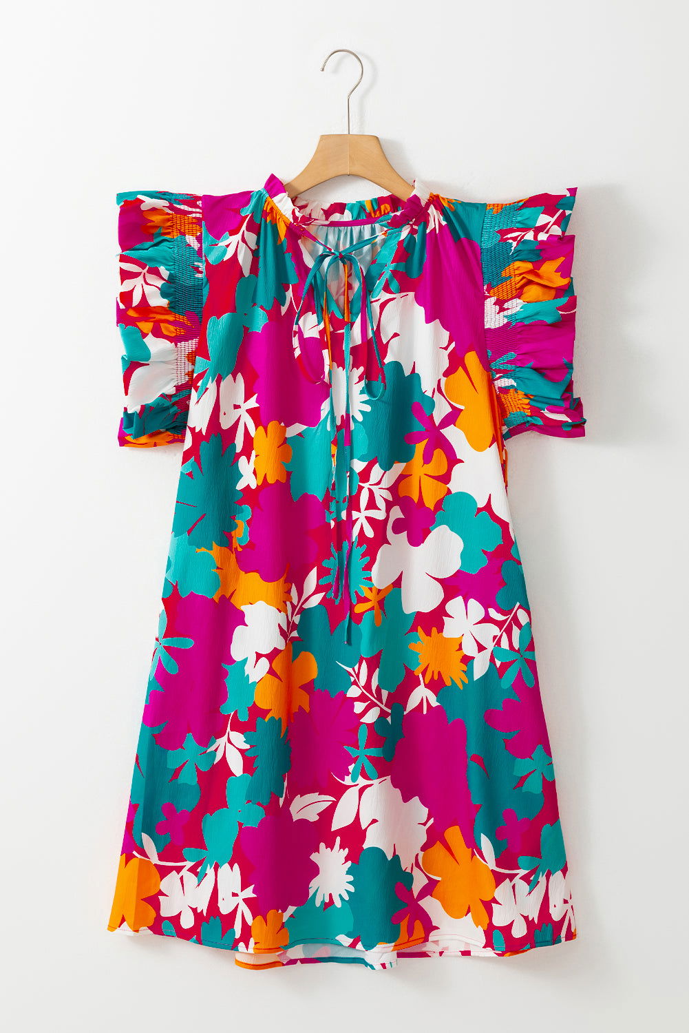 Multicolour Floral Tie Split Neck Flutter Sleeve Mini Dress - Vesteeto