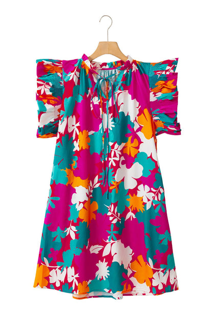 Multicolour Floral Tie Split Neck Flutter Sleeve Mini Dress - Vesteeto