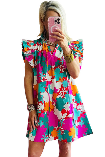 Multicolour Floral Tie Split Neck Flutter Sleeve Mini Dress - Vesteeto