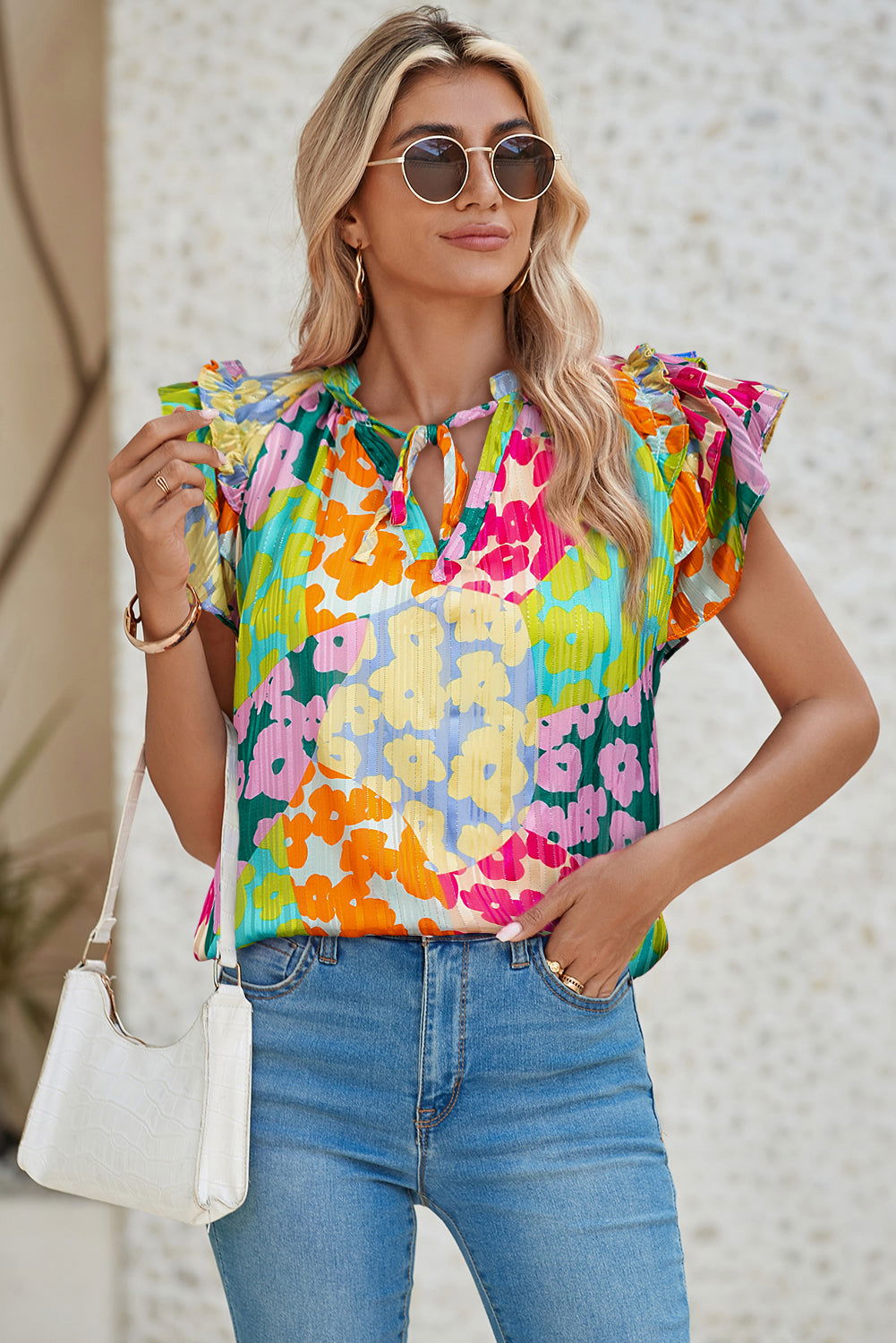 Multicolour Leopard Flutter Sleeve V Neck Crinkled Blouse - Vesteeto