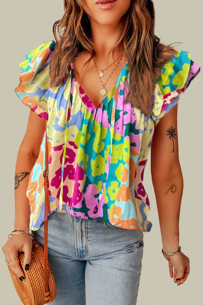 Multicolour Leopard Flutter Sleeve V Neck Crinkled Blouse - Vesteeto