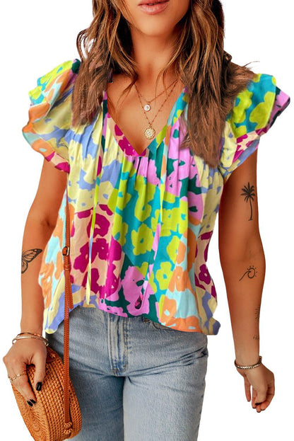 Multicolour Leopard Flutter Sleeve V Neck Crinkled Blouse - Vesteeto