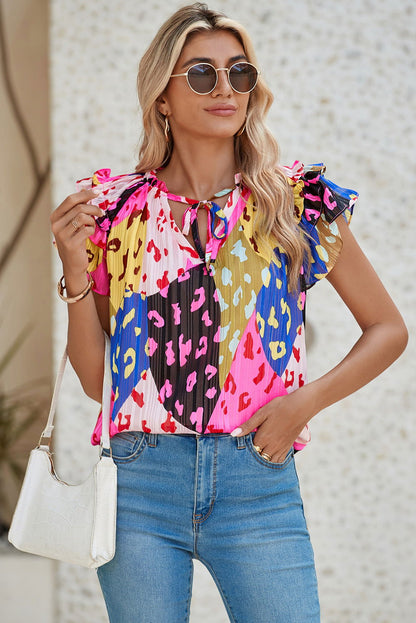 Multicolour Leopard Flutter Sleeve V Neck Crinkled Blouse - Vesteeto