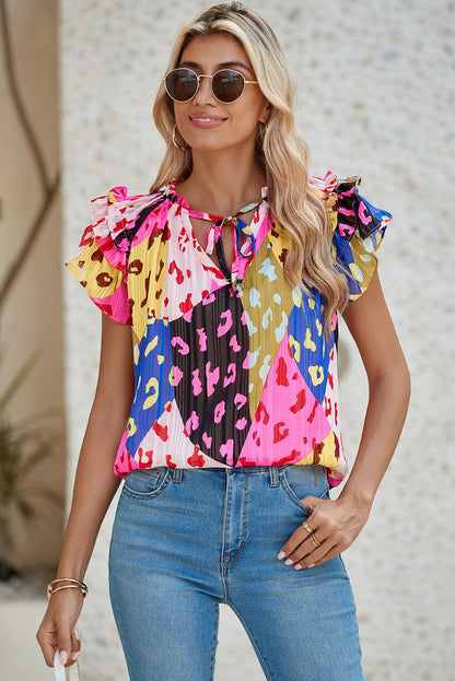 Multicolour Leopard Flutter Sleeve V Neck Crinkled Blouse - Vesteeto