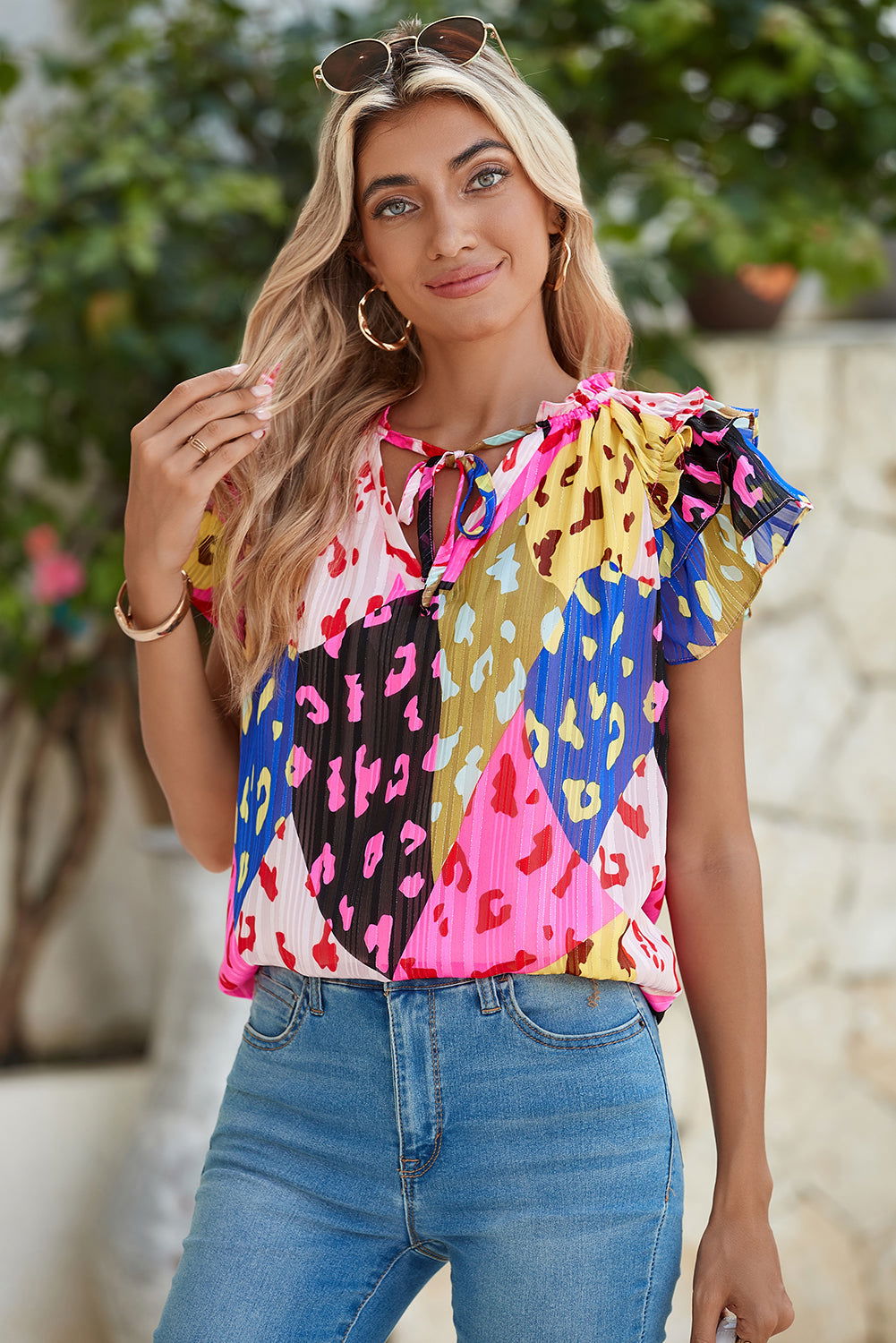 Multicolour Leopard Flutter Sleeve V Neck Crinkled Blouse - Vesteeto