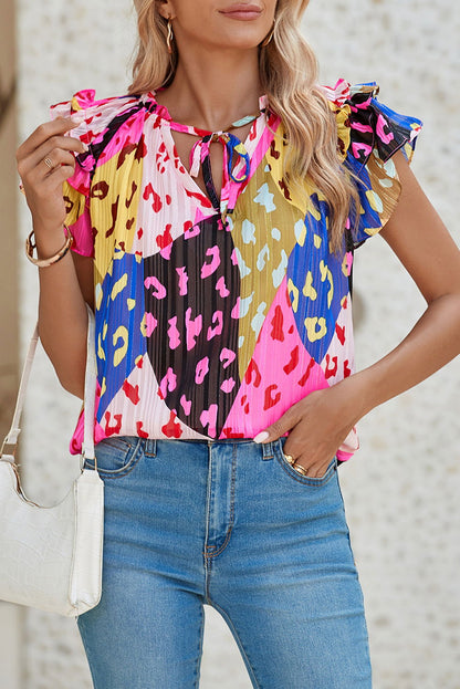 Multicolour Leopard Flutter Sleeve V Neck Crinkled Blouse - Vesteeto