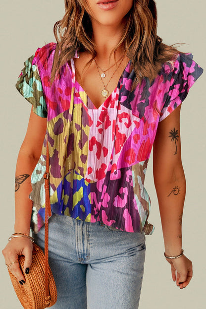 Multicolour Leopard Flutter Sleeve V Neck Crinkled Blouse - Vesteeto