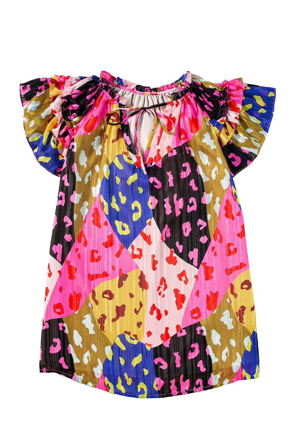 Multicolour Leopard Flutter Sleeve V Neck Crinkled Blouse - Vesteeto