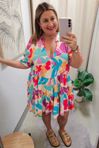 Multicolour Plus Size Floral Tiered V Neck Ruffle Sleeve Dress - Vesteeto