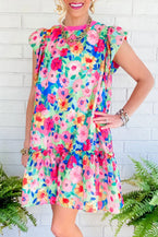 Multicolour Vibrant Floral Print Cap Sleeve Frill Dress - Vesteeto