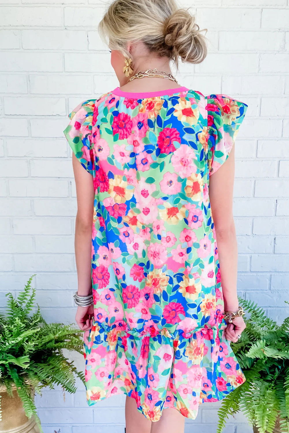 Multicolour Vibrant Floral Print Cap Sleeve Frill Dress - Vesteeto