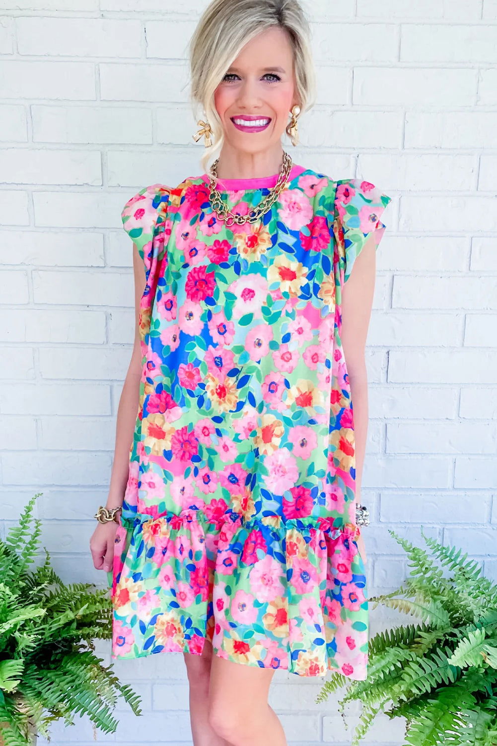 Multicolour Vibrant Floral Print Cap Sleeve Frill Dress - Vesteeto