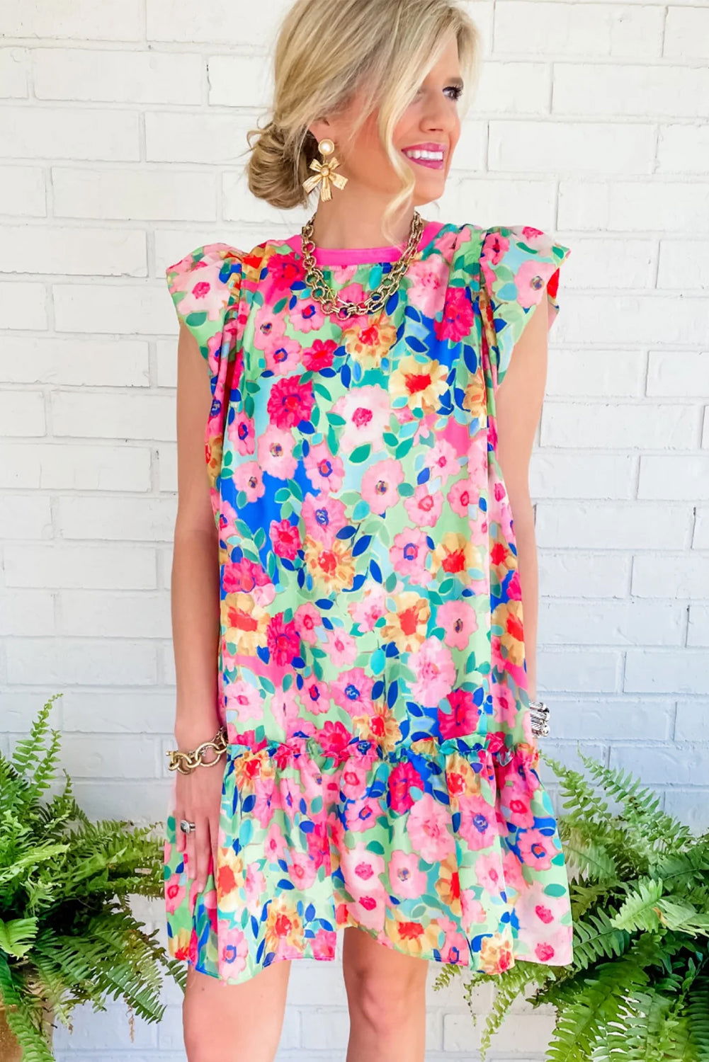 Multicolour Vibrant Floral Print Cap Sleeve Frill Dress - Vesteeto