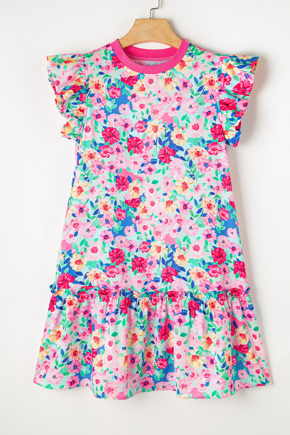 Multicolour Vibrant Floral Print Cap Sleeve Frill Dress - Vesteeto