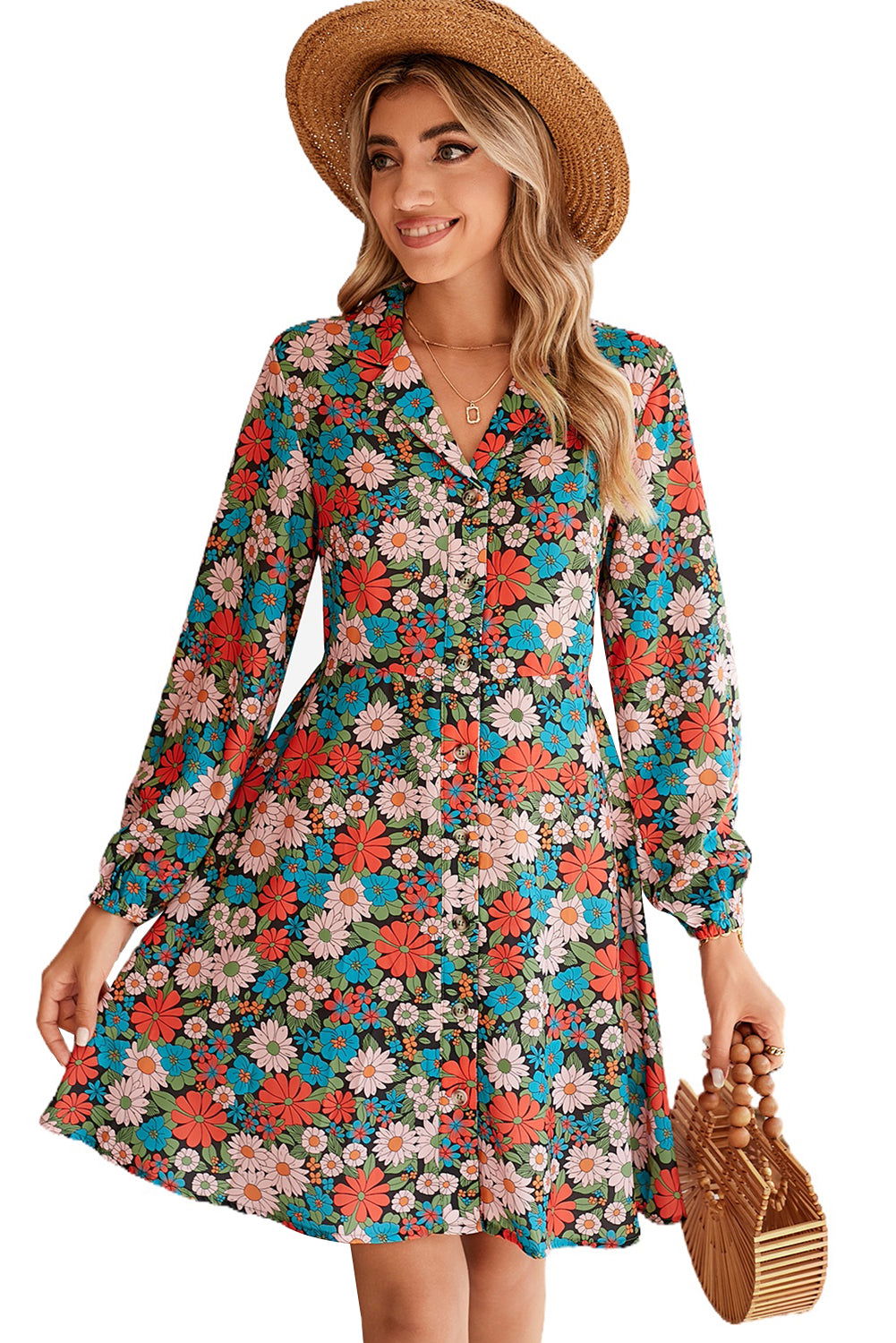 Multicolour Vibrant Floral Print Lapel Collar Button Closure Shirt Dress - Vesteeto