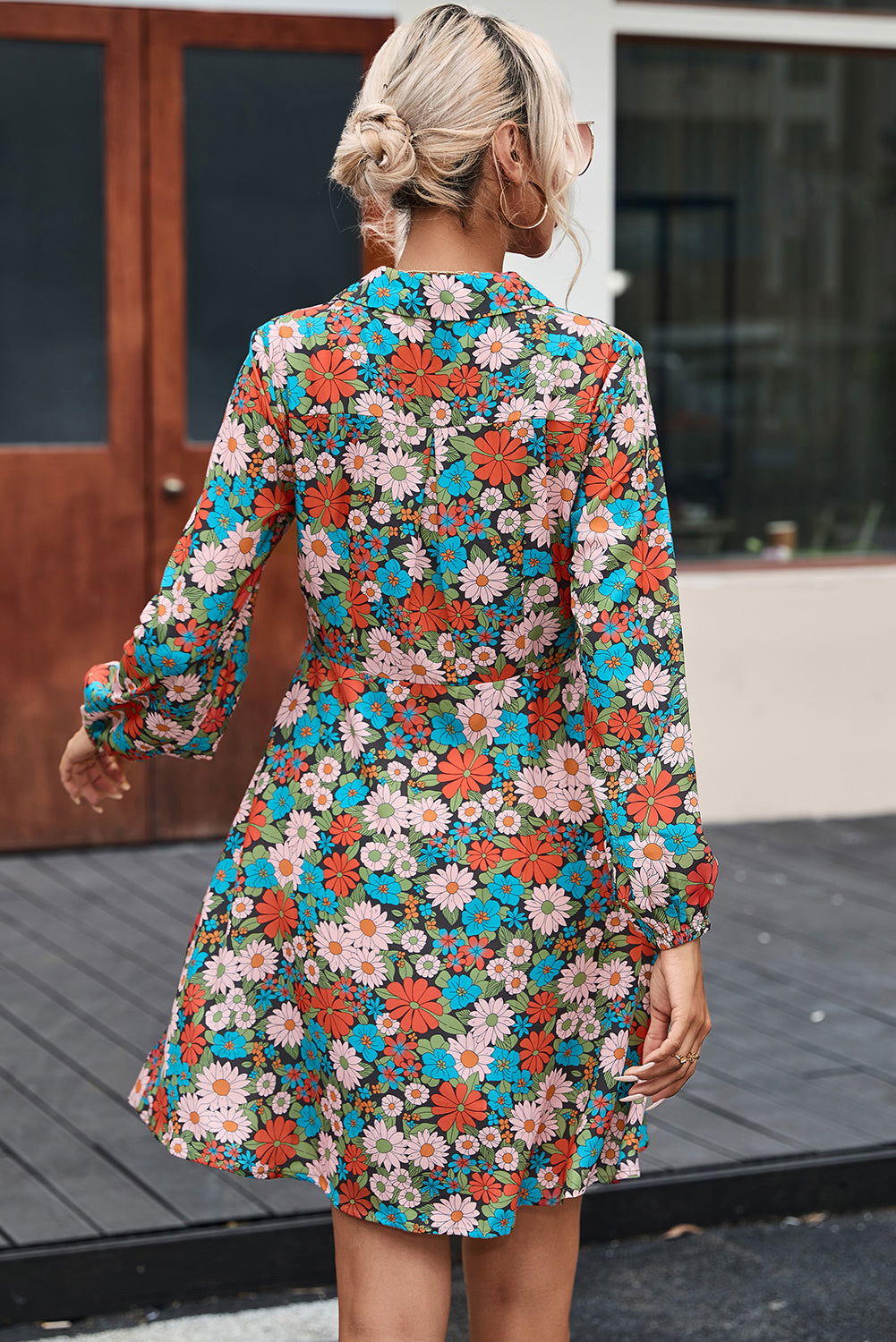 Multicolour Vibrant Floral Print Lapel Collar Button Closure Shirt Dress - Vesteeto