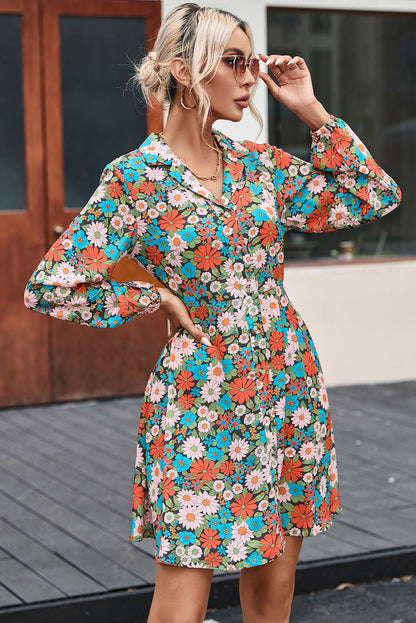 Multicolour Vibrant Floral Print Lapel Collar Button Closure Shirt Dress - Vesteeto