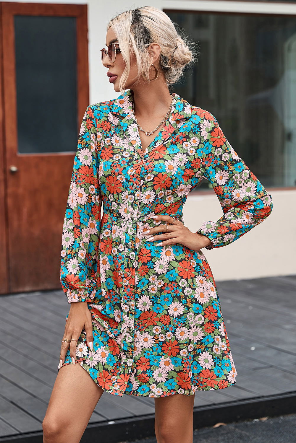 Multicolour Vibrant Floral Print Lapel Collar Button Closure Shirt Dress - Vesteeto