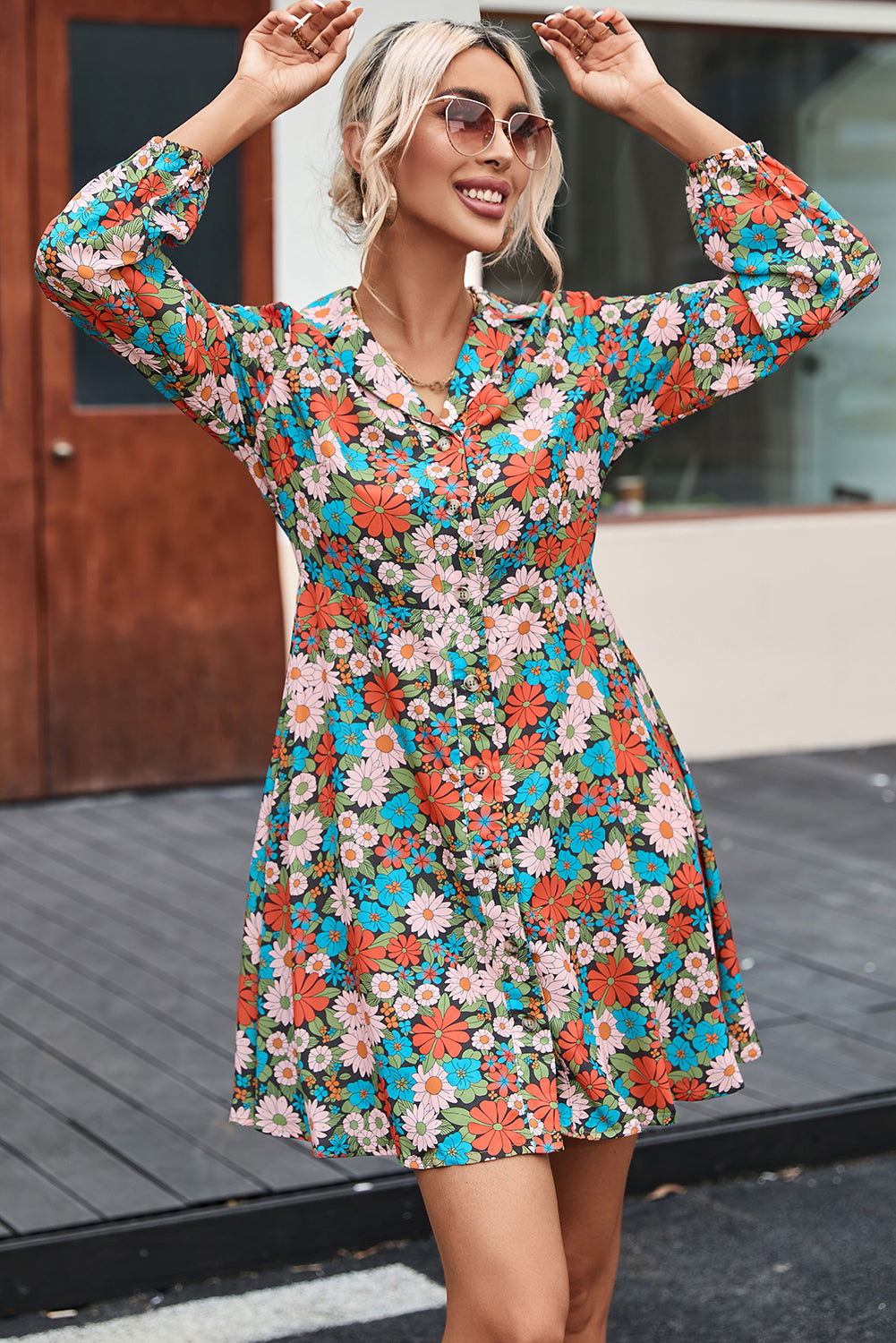 Multicolour Vibrant Floral Print Lapel Collar Button Closure Shirt Dress - Vesteeto