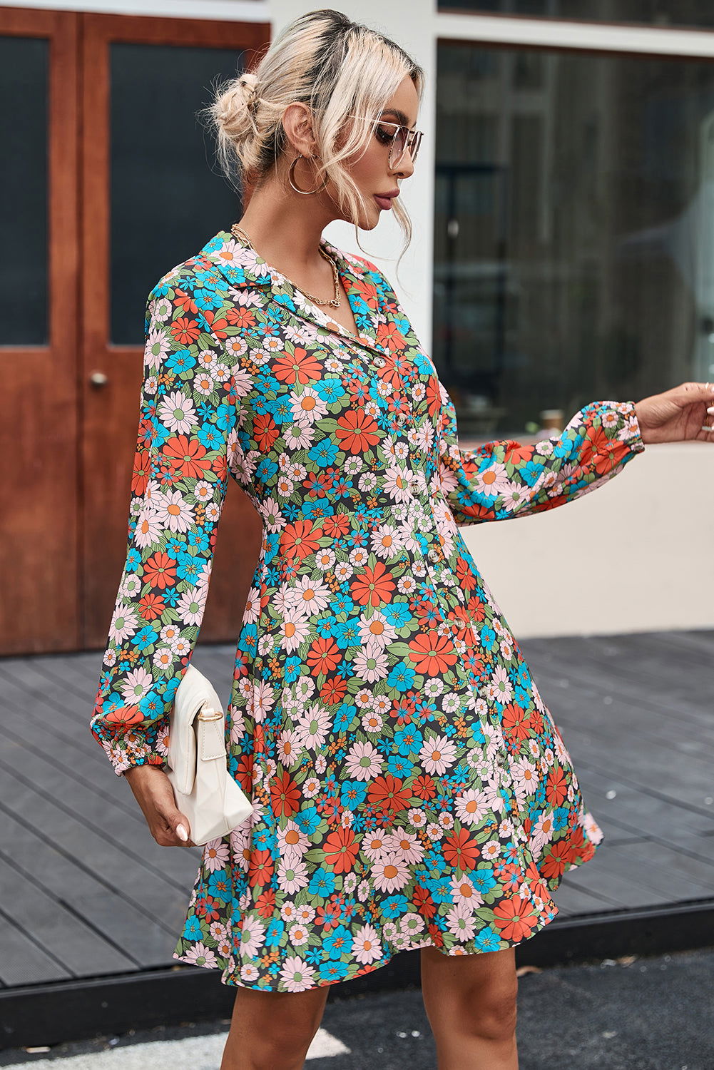 Multicolour Vibrant Floral Print Lapel Collar Button Closure Shirt Dress - Vesteeto