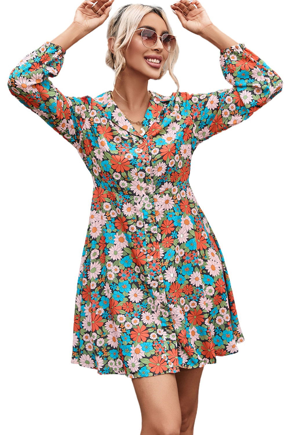 Multicolour Vibrant Floral Print Lapel Collar Button Closure Shirt Dress - Vesteeto