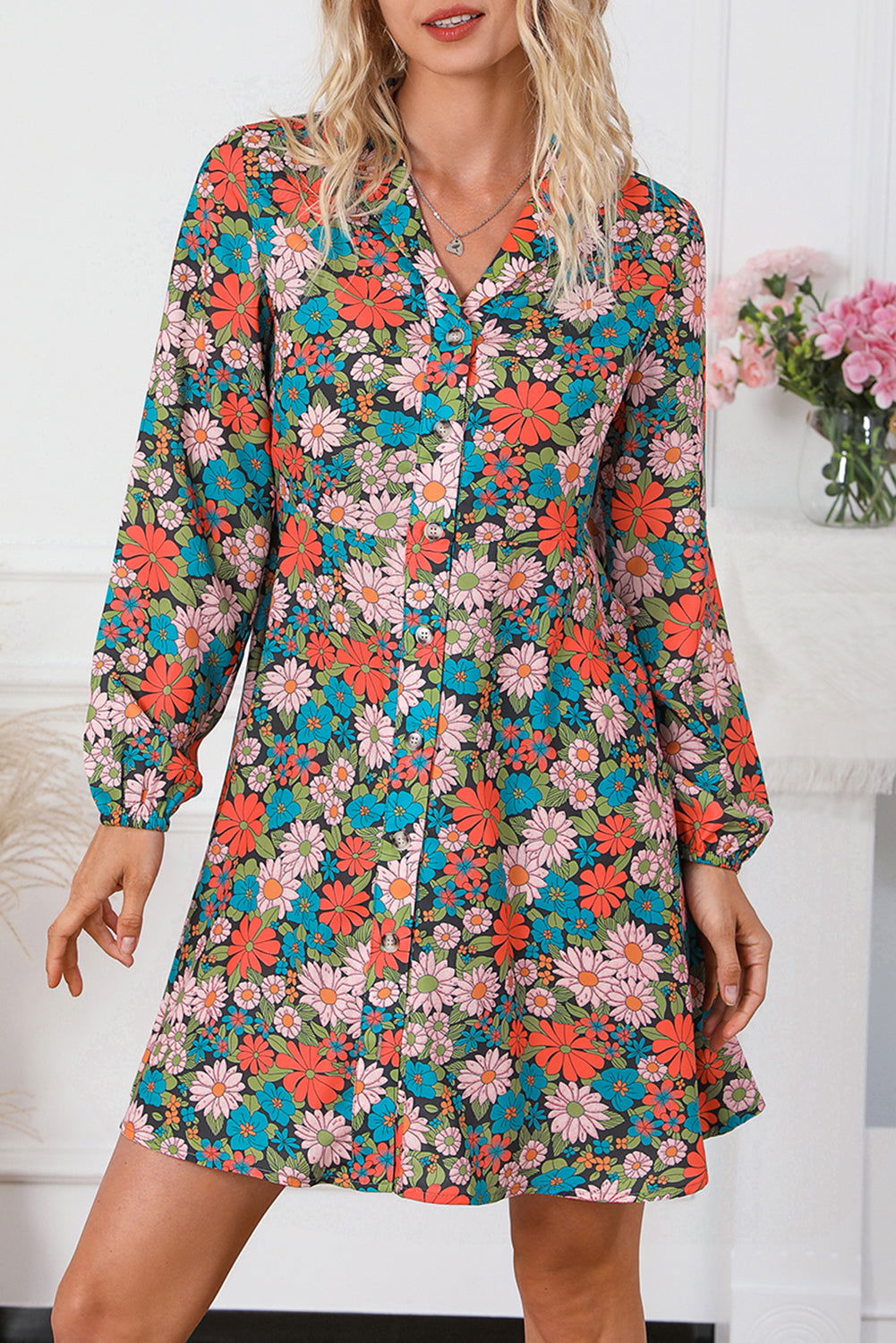 Multicolour Vibrant Floral Print Lapel Collar Button Closure Shirt Dress - Vesteeto