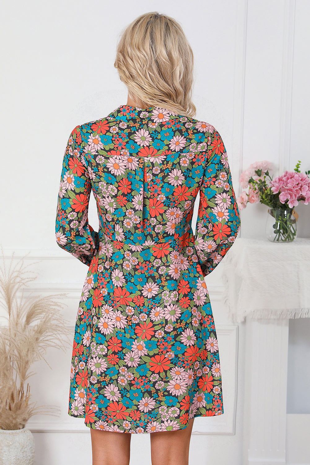 Multicolour Vibrant Floral Print Lapel Collar Button Closure Shirt Dress - Vesteeto